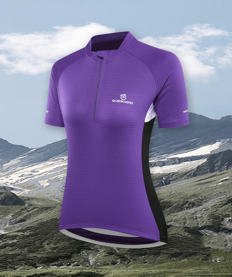 Purple stretch short sleeves cycling jersey with breathable fabric and zipper, ideal for flexible and safe bicycle rides.